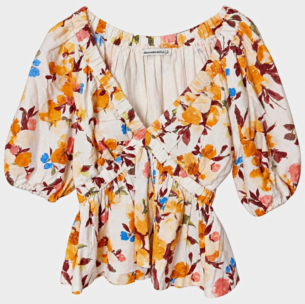 Abercrombie & Fitch Womens S Floral Linen Blend Puff Sleeve Peplum Blouse Boho